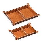 Navaris Faux Leather Tray Set - 2 Valet Organiser Trays for Bedside Table Desk with Dividers- Store Keys, Change, Wallet, Phone, Glasses - Brown