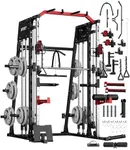 GarveeLife Smith Machine Home Gym All in One, 2200LBS Squat Rack Power Cage with Smith Bar, Lat Pull-Down, Cable Systems, Leg Hold-Down and More Attachments, Workout Equipment (Red Black)