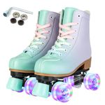 XUDREZ Roller Skates for Girl Women Roller Derby Skates Adult Light Up Double Row Adjustable Roller Skates PU Skates Shoes for Kid Beginner Outdoor (Green purple flashing wheel 37)