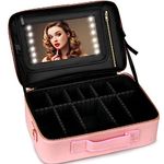 Huge Capacity Travel Makeup Bag with Lighted Mirror, Upgrade Large Makeup Case Cosmetic Train Case Professional Waterproof Cosmetic Artist Organizer with Adjustable Dividers (Pink)