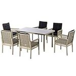 Outsunny 7 Pieces Patio Dining Set, Outdoor Furniture Set, Wicker Armrests Chair and Tempered Glass Table Top, Black