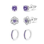 3 Pairs Sterling Silver Stud Earrings Set for Multiple Piercing Small Cartilage Hoop Earring and Rose Flower Amethyst Cubic Zirconia Studs Huggie Hoop Sleeper Earrings for Women Teen Girls Kids