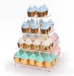 4 Tier Clear Cupcake Stand with Gold LED String Lights, Acrylic Cupcake Display Holder for Weddings, Birthday, Anniversary, Party Events