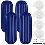 Boat Fenders 4 Pack 10 x 26 Inch, Hole Through Middle Vinyl Boat Fender Bumpers, Boat Bumpers for Docking Come with Ropes Needles and Pump, Inflate Ribbed Large Fender for Pontoon Yacht - Navy Blue