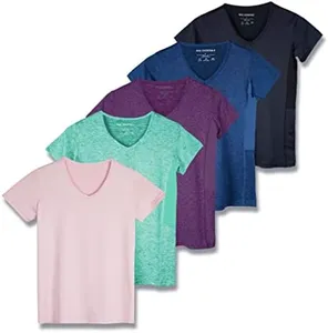 Real Essentials Womens Plus Size V Neck T-Shirt Ladies Yoga Top Athletic Tees Active Wear Gym Workout Zumba Just My Exercise Running Essentials Dry Fit Wicking Basic Clothes, Set 15, 1X, Pack of 5
