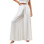 Womens High Waist Drawstring Pants Wide Leg Flared Trousers with Pockets Casual Baggy Trousers Loose Fit Long Hippie Boho Palazzo Yoga Pants Lounge Stretchy Wear Beach Holiday White