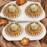 Gadinfashion™ Tealight Candle Holders Round Votives Diya for Home Decoration/Diwali Festive Décor/Table Decor (Set of 4), Orange Iron Tealight Holder Set (Orange, Gold, Pack of 4)