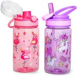 Home Tune 16oz Kids Water Drinking Bottle - Tritan BPA Free, Flip Straw Lid, Wide Mouth, Carry Loop, Lightweight, Leak-Proof Water Bottle Cute Design for Girls & Boys - 2 Pack Unicorn & Flamingo