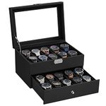 SONGMICS Watch Box, Watch Case with Glass Lid, 2-Tier Watch Display Case, Lockable, 1 Drawer, for Rings, Bracelets, Gift Idea, Black Synthetic Leather, Black Lining JWB020B01