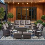 HUMMUH 10 Pieces Patio Furniture Set with Fire Pit High Back Wicker Outdoor Furniture Set Swivel Rocker Chairs 3-Seater Couch for Porch,Deck,Backyard