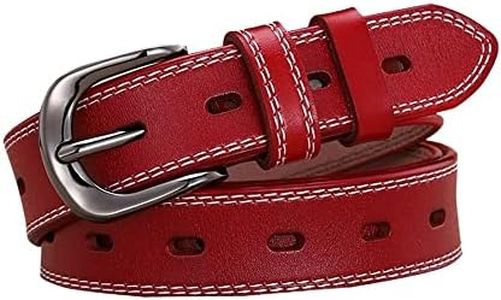 JIUFENG Women's Genuine Leather Pin Belt with Metal Buckle, Adjustable Waist Belt for Business Casual Vintage Style (Red)