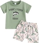 Dewadbow Toddler Fish Outfit Short Sleeve Papas Fishing Buddy T-shirt Fish Shorts 2Pcs Set Father Clothes for Baby (Green Daddys Fishing Buddy, 2-3T)