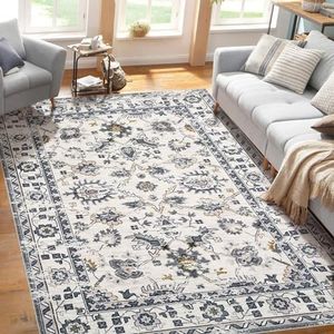 Petyee 9x12 Area Rug, Thin Washable Area Rug for Living Room Bedroom Rug Lightweight Vintage Large Area Rug，Machine Washable Stain Resistant Anti Slip Home Decor Rug (Grey,9'x12')