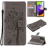 VEEMOS Mobile Case for Samsung Galaxy A52s 5G / A52 5G Phone Case Wallet with Card Slots Cat-Tree Shockproof Leather Folio Slim Flip Case Cover Women Girls - Grey