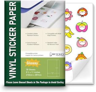 Glossy Printable Vinyl Sticker Paper for Inkjet & Laser Printer - 30 Sheets - 8.5" x 11" - Waterproof, Dries Quickly Vivid Colors