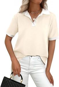 PRETTYGARDEN Summer Short Sleeve Polo Shirts for Women Collared V Neck Work Dressy Tops Knit Loose Business Casual Outfits(Beige,XX-Large)