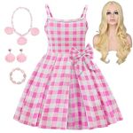 Febbabe Girls Cosplay Costume Dress Kids Vintage Plaid Sleeveless Dresses Role Play Outfits with Accessories Halloween Party Birthday Dressing up Age 3-4 Years