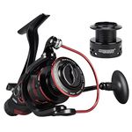 - KastKing Sharky Baitfeeder III spinning reel with 10+1 shielded stainless steel bearings, carbon fibre drag system - front and rear drag; approved both for fresh- and for saltwater use, Red & black