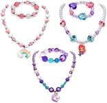 G.C 3 Sets Girl Princess Necklace Bracelet with Colorful Unicorn Mermaid Rainbow Pendant Kids Stretchy Chunky Costume Jewelry Gift Party Favors Dress up Jewelry for Little Girl Toddler(with Gift Box) (A)