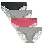 LIQQY Women's 4 Pack Low Rise Cotton Lace Coverage Bikini Panties Underwear (X-Large, Black/Grey/Liac Chiffonn)