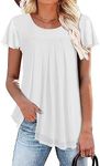 Beyove Women's Blouse Top Short Sleeve Round Neck Tunic Pleated Shirt Flared Blouse Top Loose Top Blouse Shirt White S