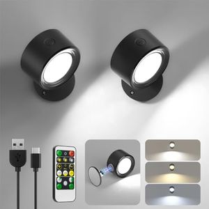 Lightbiz LED Wall Mounted Lights 2 Pcs with Remote, Wall Sconces Lamp 2000mAh Rechargeable Battery Operated, Brightness Adjustable Magnetic Ball 360° Rotation Night Light for Bedroom Bedside