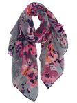 GERINLY Lightweight Scarves Fashion Flowers Print Shawl Wrap For Women Summer Floral Accessory Outfit (Purple Gray)