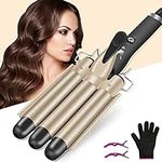 Hilifexll Hair Curler 22mm, 3 Barrel Hair Waver for Long Hair 20s Quick Heating,Curling Wand with 2 Temperature Control,Mermaid Hair Waver Styling Tool with Heat-Resistant Gloves for Long, Short Hair