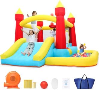 Toiyjofe Inflatable Bounce House, Bounce House with Air Blower, Ball Pit, Bouncing Area, Basketball Game, Dart Game, Jump House for Indoor & Outdoor for Kids Aged 3-6 with Repair Kit & Storage Bag