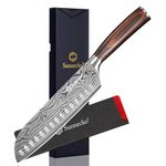 Sunnecko Santoku Knife Japanese for Kitchen - 7 Inch Kitchen Knife with High Carbon Stainless Steel Blade Japanese Style Chef Knife with Pakkawood Handle and Black Blade Cover