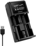 Tenergy TN471U 2-Bay Universal Battery Charger with LCD for Li-ion/NiMH/NiCD Rechargeable Batteries, Micro USB Input, Portable Charger for Batteries Sizes 18650, 16340, 26650, AA, AAA, and More