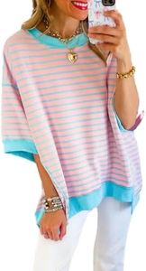 SHEWIN Sweatshirt for Women 2024 Casual Short Sleeve Shirts Striped Womens Tops Oversized Tshirts Loose Crewneck Tunic Top Fall Outfits Pink Stripe XXL