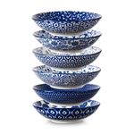 Selamica Ceramic 30oz Large Pasta Salad Bowls 8 Inch Wide and Shallow Soup Bowls, Stackable, Microwave and Oven Safe, Set Of 6, Vintage Blue