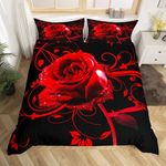 Rose Flowers Duvet Cover King Size,Red Flowers Art Comforter Cover with 2 Pillowcase for Teens,Kids Retro Artwork Bedding Set,Abstract Flowers Breathable 3 Pcs Decorative Bed Cover(No Comforter)