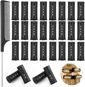 24 Pieces Hair Perm Rods Cold Wave Rods Plastic Perming Rods Curlers Hair Rollers with Steel Pintail Comb Rat Tail Comb Tools for Hairdressing Styling(Black,1.18 Inches)