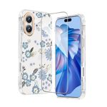 Zelaxy Compatible with iPhone 16 Case, Flower Phone Case Blue Blossom Patterns with Screen Protector, Anti-Yellow Not Fade Shockproof Protective Cover for Women, Girl (Blue Blossom)