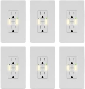 LIDER Self-Test GFCI Outlet with Built-in LED Night Light, Tamper-Resistant Receptacle, LED Indicator, Anti-Interference (No-False-Trip) Protection, Screwless Wall Plate, ETL Listed, White, 6-Pack