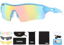 Liekkas Polarised Sports Sunglasses For Men Women with 3 Interchangeable Lenses for Running Cricket Mountain Bike Cycling Glasses Blue Pink