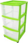 HOMZ Drawer Tower, 3-Tier Clear Plastic Storage Organizer Cart, Bold Lime Frame - Rolling Drawer Containers with Wheels for Bathroom, Bedroom, Office, and Classroom Organization