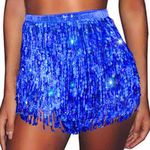 REETAN Sequin Sparkly Skirt Disco Fringe Short Skirt Rave Party Dance Belly Skirt for Women and Girls, I-dark Blue, 40 Short