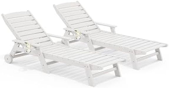 SERWALL Patio Chaise Lounge Chair Set of 2, 5 Positions Adjustable HDPE Outdoor Lounge Chair for Pool, Poly Lounge Chair with Rolling Wheels & Cup Holder for Poolside, Deck, White