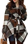 CHICWISH Women's Turn Down Shawl Collar Open Front Earth Tone Check Asymmetric Hemline Wool Blend Coat, Brown, Small