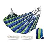 Camping Hammock 550lb Upgraded Thickened 320G Durable Canvas Fabric Single Hammocks with Two Anti Roll Balance Beam and Sturdy Metal Knot Tree Straps for Camping, Patio, Backyard, Outdoor (Blue)…