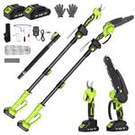 Cordless Pole Pruning Shears & Chain Saw Set, 6.4Ft Extension Pole 2 * 4.0 mAh Battery Rechargeable 550WMotor Handheld Chain Saw Trimmer for High & Low Tree Branch Cutting Trimming Pruning