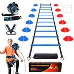 IHEPYQ Soccer Agility Training Equipment Set, 12 Rung 20Ft Agility Ladder, 12 Disc Cones,Solo Soccer Trainer, Jump Rope - Speed Training Equipment for Soccer Football Basketball-Blue