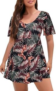 ECUPPER Womens One Piece Swimsuit with Sleeves Plus Size Swim Dress Modest Tummy Control Skirt Bathing Suit Built in Shorts Black Leaf