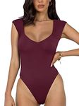 REORIA Women's Summer Sexy Casual V Neck Double Lined Seamless Sleeveless Slimming One Piece Leotards Going Out Trendy Tank Top Tees Thong Bodysuits Burgundy Medium