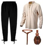 Xtinmee 4 Pcs Halloween Men Renaissance Costume Set Medieval Pirate Viking Costume Shirt Pant Belt Bag(Retro Color, Large)