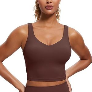 CRZ YOGA Butterluxe Womens V Neck Longline Sports Bra - Padded Workout Crop Tank Top with Built in Bra Taupe Medium