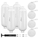 OBAKL Boat Fenders 4 Pack 8.5 x 27 Inches Ribbed Twin Eyes Boat Fenders Bumpers for Docking, Comes with Ropes and Pump to inflate(White)